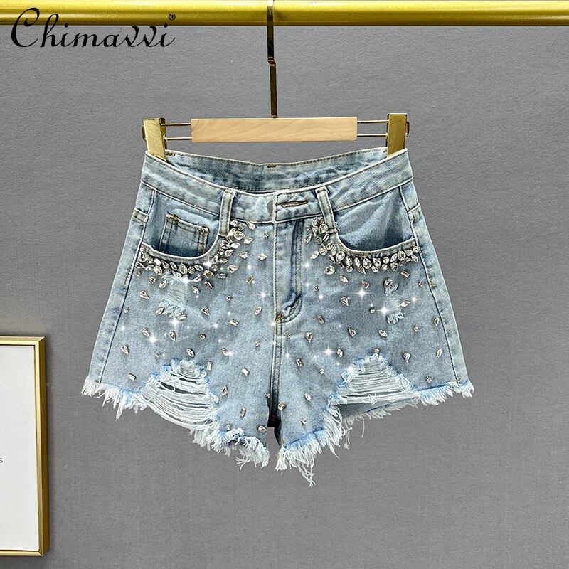 Women Trendy 2022 New Summer High Waist Slimming Ripped Denim Shorts Ladies European Fashion Elegant Diamond Wide Le